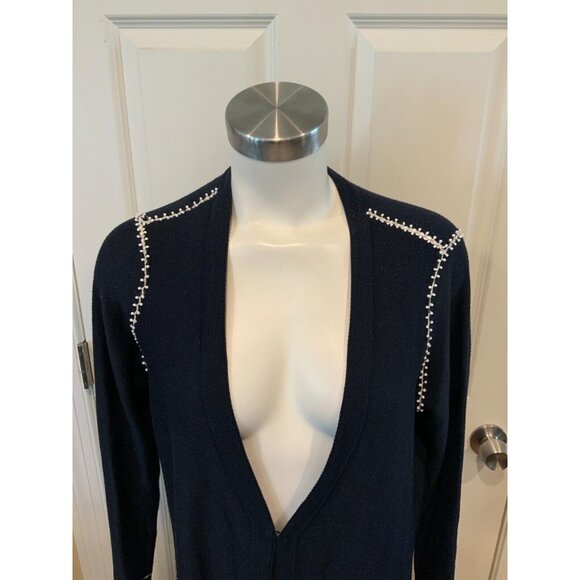 St. John Navy Blue Wool Long Cardigan w/ Hand Beaded Accent, Size Small - Picture 2 of 8